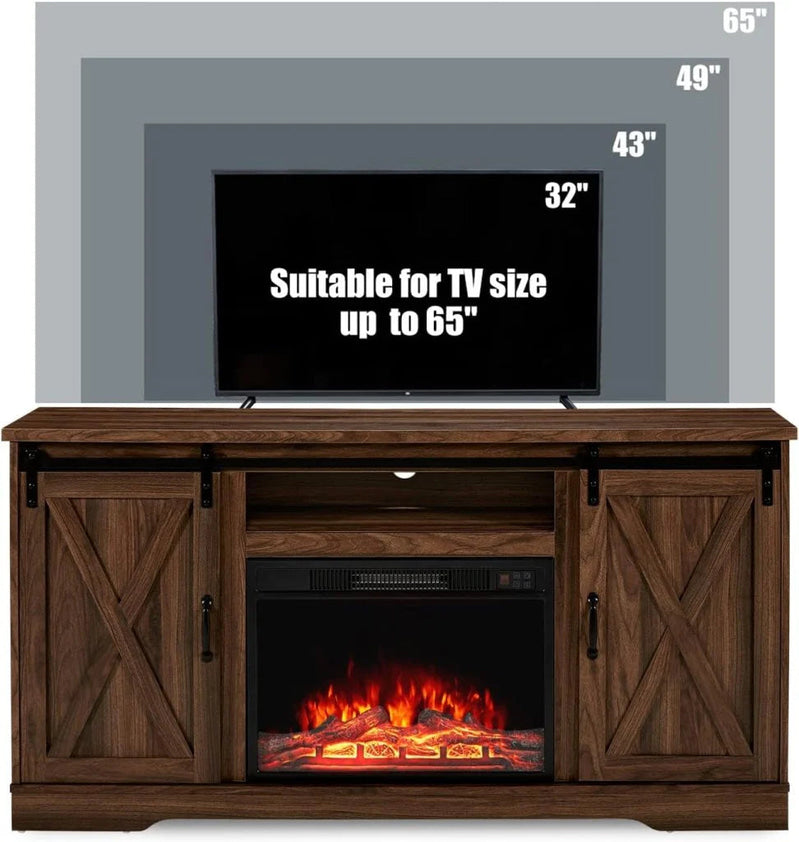 AMERLIFE Fireplace TV Stand with Sliding Barn Door for TVs up to 73", Farmhouse 63" Fireplace Entertainment Center with Storage Cabinets/Adjustable Shelves