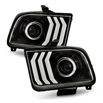AKKON - Fits 2005-2009 Ford Mustang LED Tube DRL Parking Halogen Type Projector Black Headlights Pair Driver+Passenger