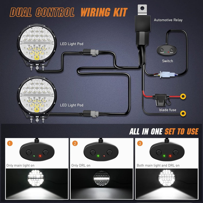 9-inch round off-road LED drive light, 2PCS 140W 15560LM IP68 multi-point floodlight combination work light, 12AWG DT connector harness kit for 4x4 Jeep Truck ATV UTV SUV, 5-year warranty