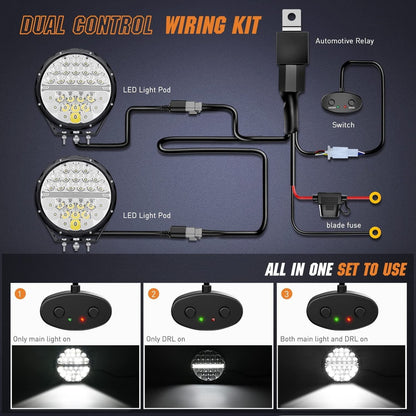 9-inch round off-road LED drive light, 2PCS 140W 15560LM IP68 multi-point floodlight combination work light, 12AWG DT connector harness kit for 4x4 Jeep Truck ATV UTV SUV, 5-year warranty