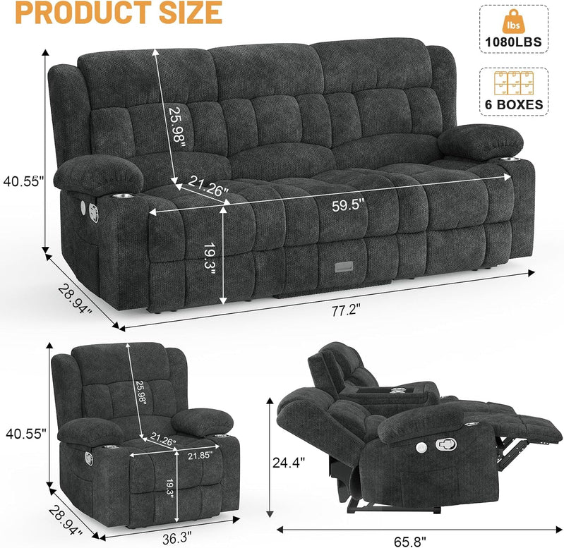 3 Seat Reclining Sofa with Storage Drawer USB Ports & Cup Holders Manual Couch