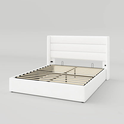 Allewie Queen Size Lift Up Storage Bed, Modern Wingback Headboard, Hydraulic Support, No Box Spring Needed, Light Beige