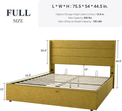 Allewie Queen Size Lift Up Storage Bed, Modern Wingback Headboard, Hydraulic Support, No Box Spring Needed, Light Beige