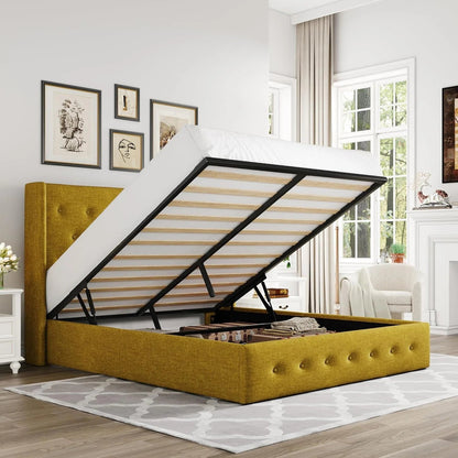 Allewie Queen Size Lift Up Storage Bed, Modern Wingback Headboard, Hydraulic Support, No Box Spring Needed, Light Beige