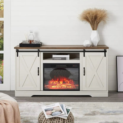 AMERLIFE Fireplace TV Stand with Sliding Barn Door for TVs up to 73", Farmhouse 63" Fireplace Entertainment Center with Storage Cabinets/Adjustable Shelves