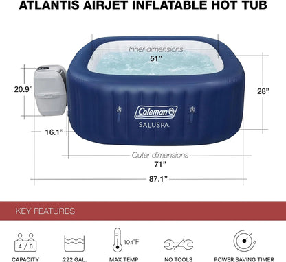 4 to 6 Person Inflatable Hot Tub Square Portable Outdoor Spa with 114 Soothing AirJets and Insulated Cover, Gray-Coleman
