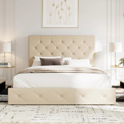 Allewie Upholstered Queen Size Platform Bed Frame with 4 Storage Drawers and Headboard, Square Stitched Button Tufted, Mattress Foundation with Wooden Slats Support, No Box Spring Needed, Light Grey