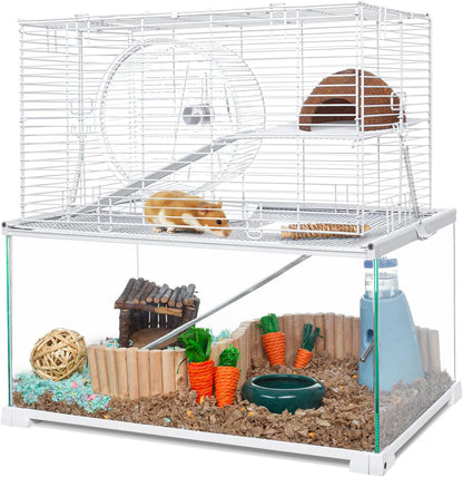 3 Tiers Large Hamster Cages, Glass Hamster Cage Habitat with Openable Wire Topper, Gerbil Cage with Two Ladders Ramps and Removeable Waterproof PVC Tray, Easy to Clean