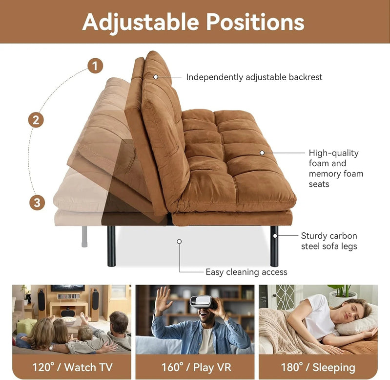 Amazon Basics Brown Loveseat,Convertible Couch Memory Foam Futon Sofa Bed Modern Sleeper Sofa for Small Compact Living Room,Office,Apartment, Linen Fabric