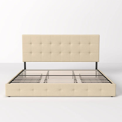 Allewie Upholstered Queen Size Platform Bed Frame with 4 Storage Drawers and Headboard, Square Stitched Button Tufted, Mattress Foundation with Wooden Slats Support, No Box Spring Needed, Light Grey