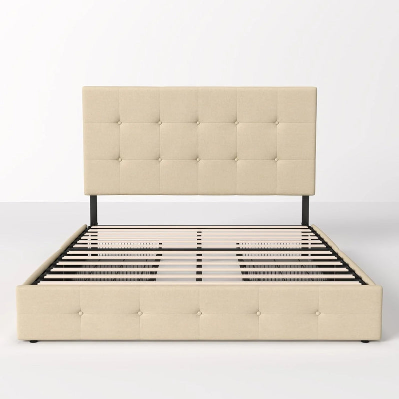 Allewie Upholstered Queen Size Platform Bed Frame with 4 Storage Drawers and Headboard, Square Stitched Button Tufted, Mattress Foundation with Wooden Slats Support, No Box Spring Needed, Light Grey