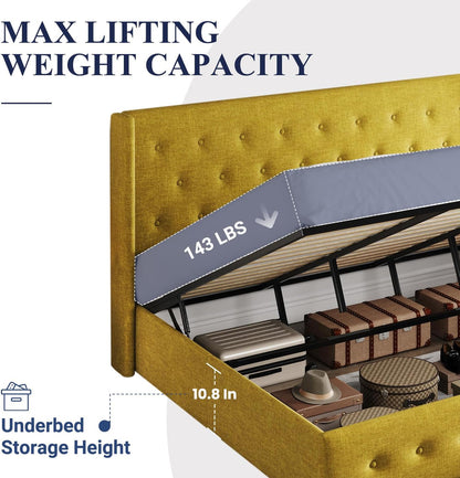 Allewie Queen Size Lift Up Storage Bed, Modern Wingback Headboard, Hydraulic Support, No Box Spring Needed, Light Beige