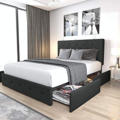 Allewie Upholstered Queen Size Platform Bed Frame with 4 Storage Drawers and Headboard, Square Stitched Button Tufted, Mattress Foundation with Wooden Slats Support, No Box Spring Needed, Light Grey