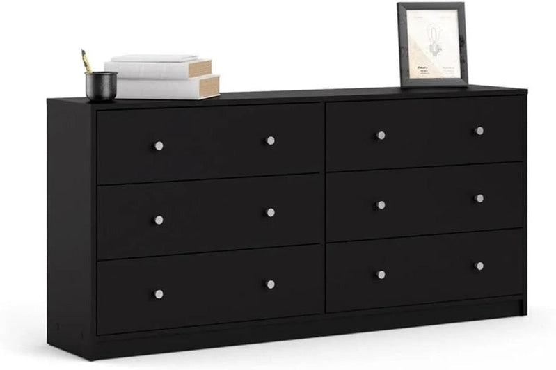 3-Pc Scandinavian Design Engineered Wood Bedroom Furniture Set with 3-Drawer Chest & 6-Drawer Double Dresser & 1-Drawer Nightstand, Pewter Plastic Handles, Smooth Plastic Glides, in Black