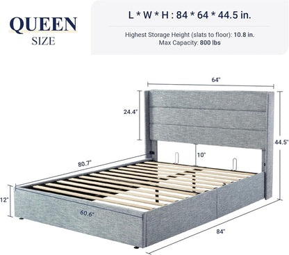 Allewie Queen Size Lift Up Storage Bed, Modern Wingback Headboard, Hydraulic Support, No Box Spring Needed, Light Beige