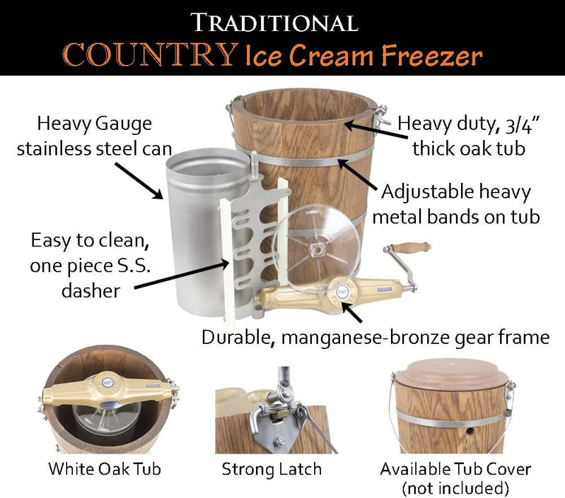 6 qt Country Ice Cream Maker Classic Wooden Tub Hand Crank