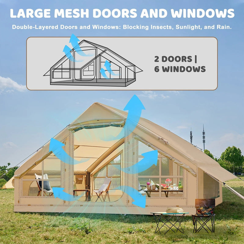 6 Person Inflatable Camping Tent with Pump, 10ft x7ft Glamping Family Tent Easy Setup 4 Season Waterproof Windproof Outdoor Blow Up Tent Luxury Oxford Cabin with Mesh Windows & Doors