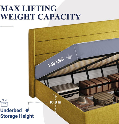 Allewie Queen Size Lift Up Storage Bed, Modern Wingback Headboard, Hydraulic Support, No Box Spring Needed, Light Beige